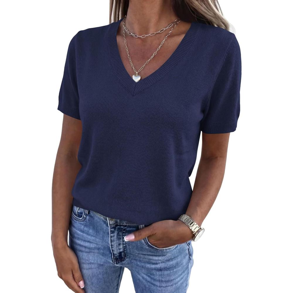 imagePRETTYGARDEN Womens Short Sleeve Sweater V Neck Trendy Pullover Tops 2026 Summer Spring Loose Lightweight Casual BlouseNavy Blue