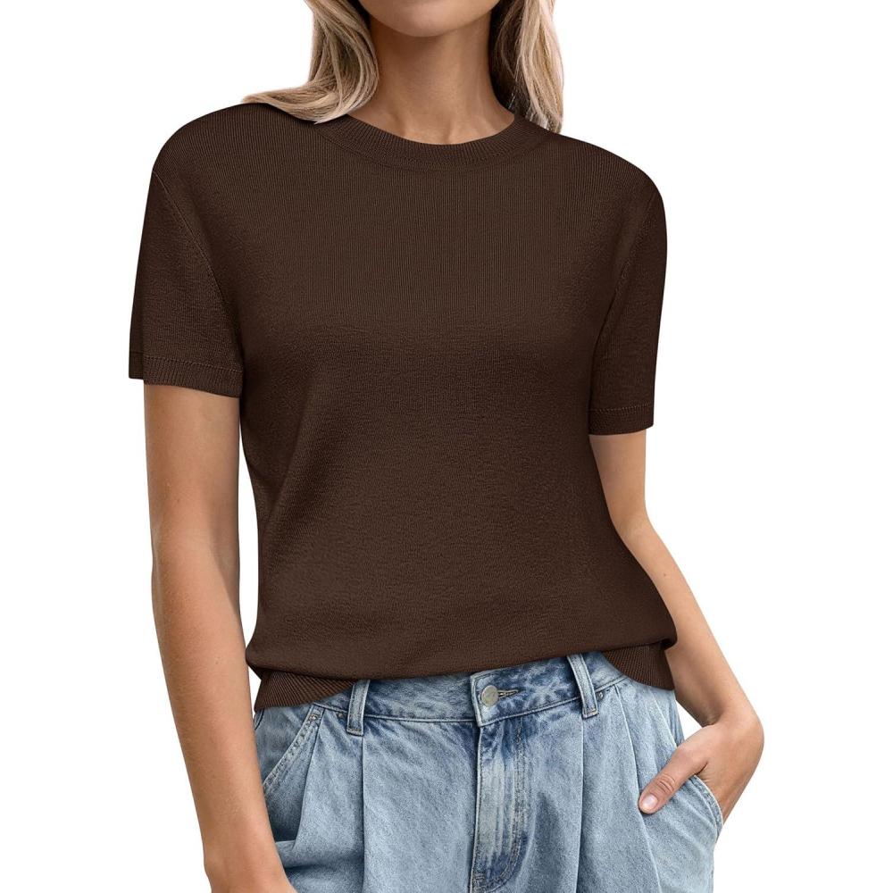 imagePRETTYGARDEN Womens Short Sleeve Sweaters 2026 Spring Crew Neck Knit Work Shirts Business Casual Tops Summer Fashion ClothesBrown