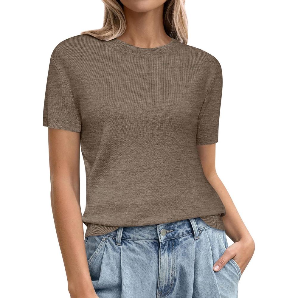 imagePRETTYGARDEN Womens Short Sleeve Sweaters 2026 Spring Crew Neck Knit Work Shirts Business Casual Tops Summer Fashion ClothesKhaki