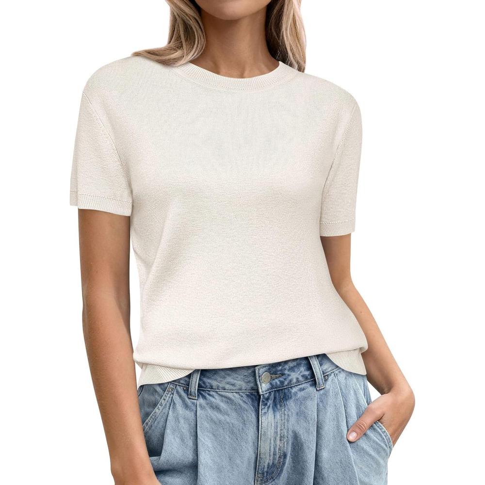 imagePRETTYGARDEN Womens Short Sleeve Sweaters 2026 Spring Crew Neck Knit Work Shirts Business Casual Tops Summer Fashion ClothesWhite