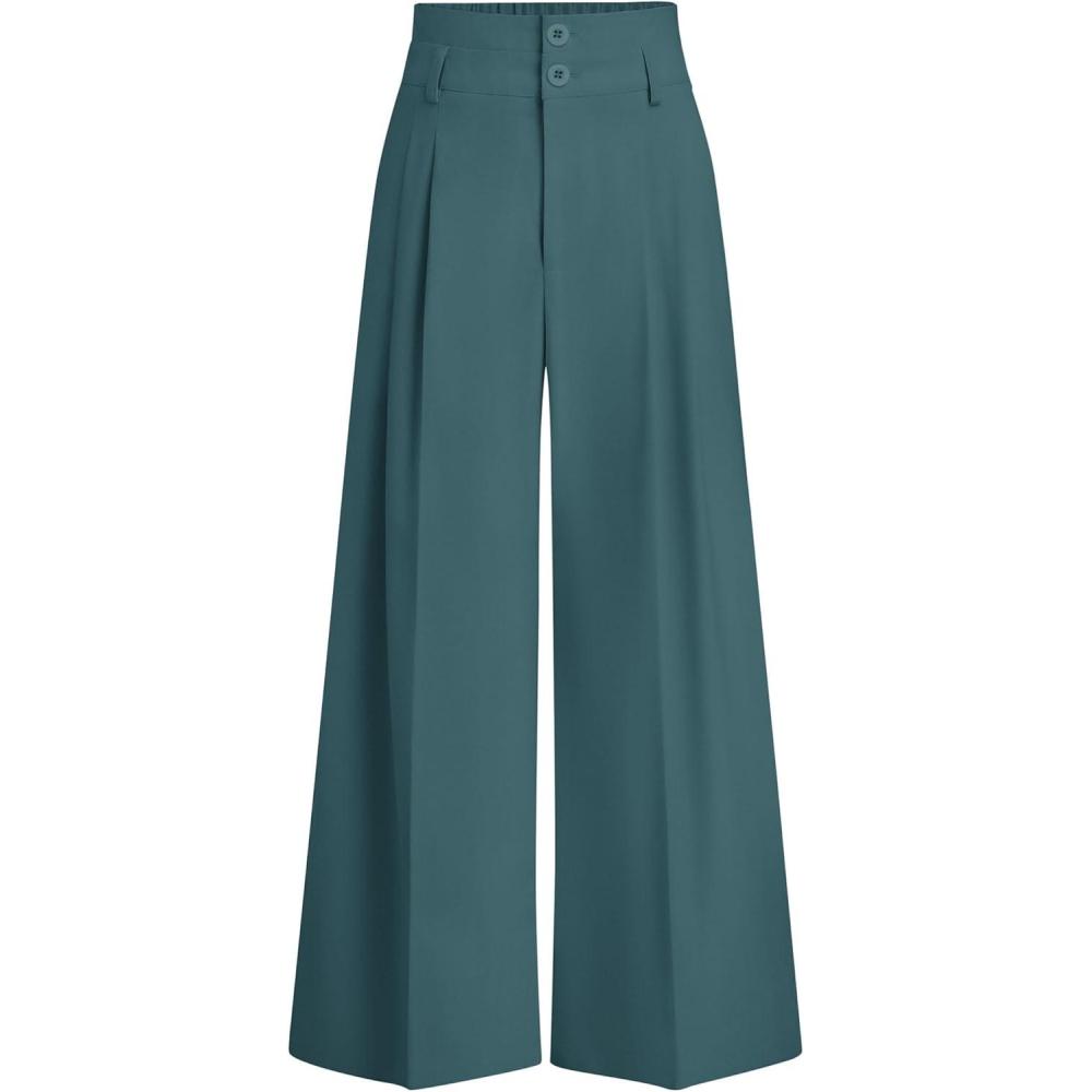 imagePRETTYGARDEN Womens Spring Wide Leg Palazzo Pants 2026 Trendy Loose Button High Waist Pleated Work Business Casual TrousersBlue Green