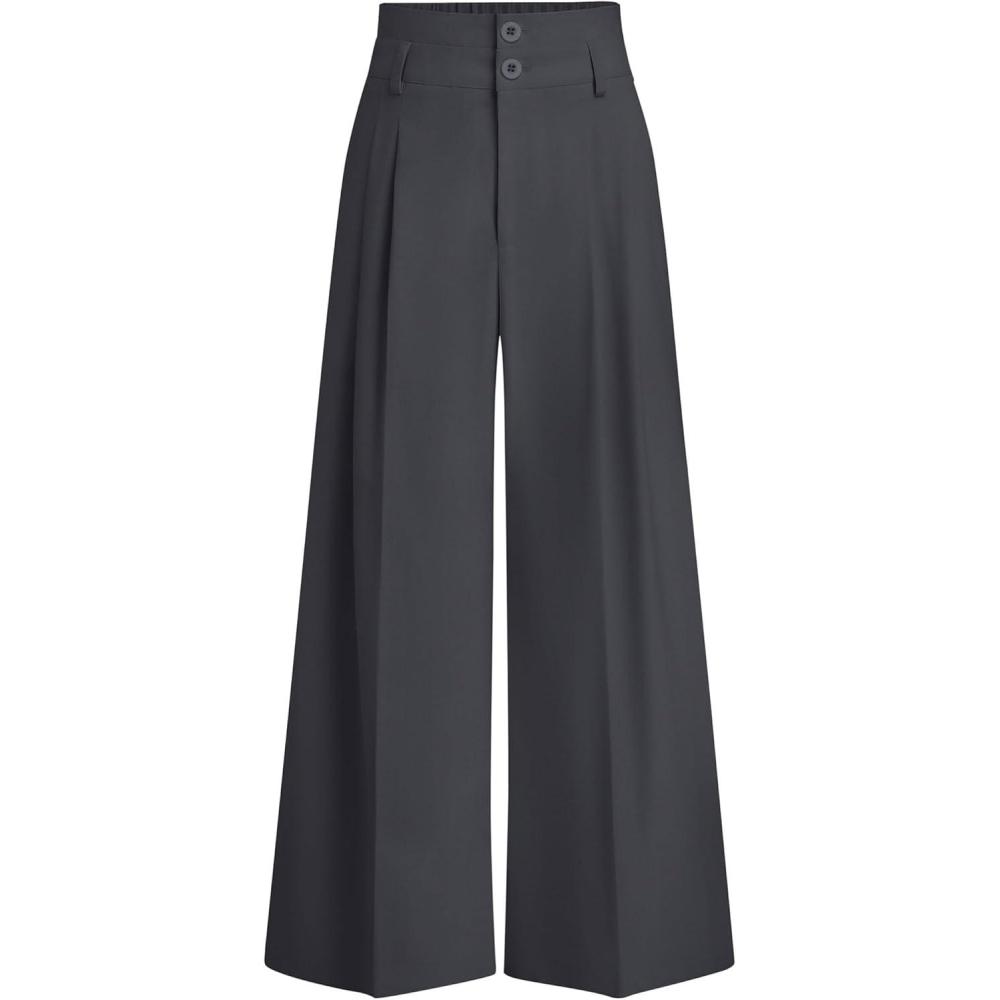 imagePRETTYGARDEN Womens Spring Wide Leg Palazzo Pants 2026 Trendy Loose Button High Waist Pleated Work Business Casual TrousersDark Grey