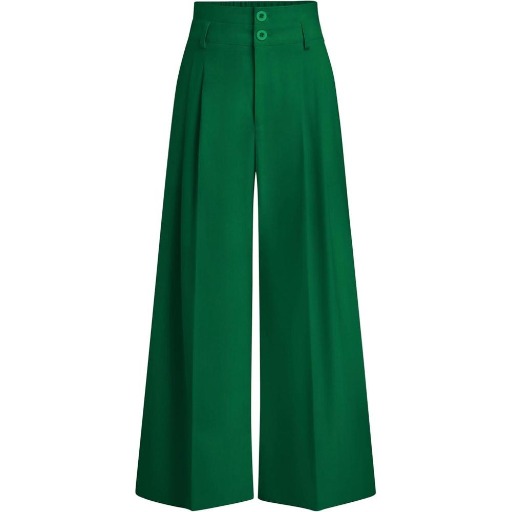 imagePRETTYGARDEN Womens Spring Wide Leg Palazzo Pants 2026 Trendy Loose Button High Waist Pleated Work Business Casual TrousersGreen