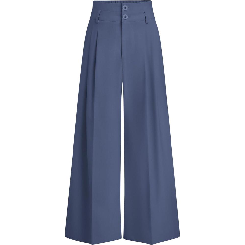 imagePRETTYGARDEN Womens Spring Wide Leg Palazzo Pants 2026 Trendy Loose Button High Waist Pleated Work Business Casual TrousersGrey Blue