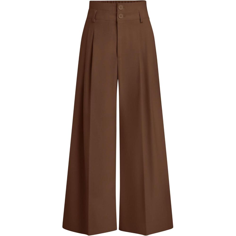 imagePRETTYGARDEN Womens Spring Wide Leg Palazzo Pants 2026 Trendy Loose Button High Waist Pleated Work Business Casual TrousersLight Brown