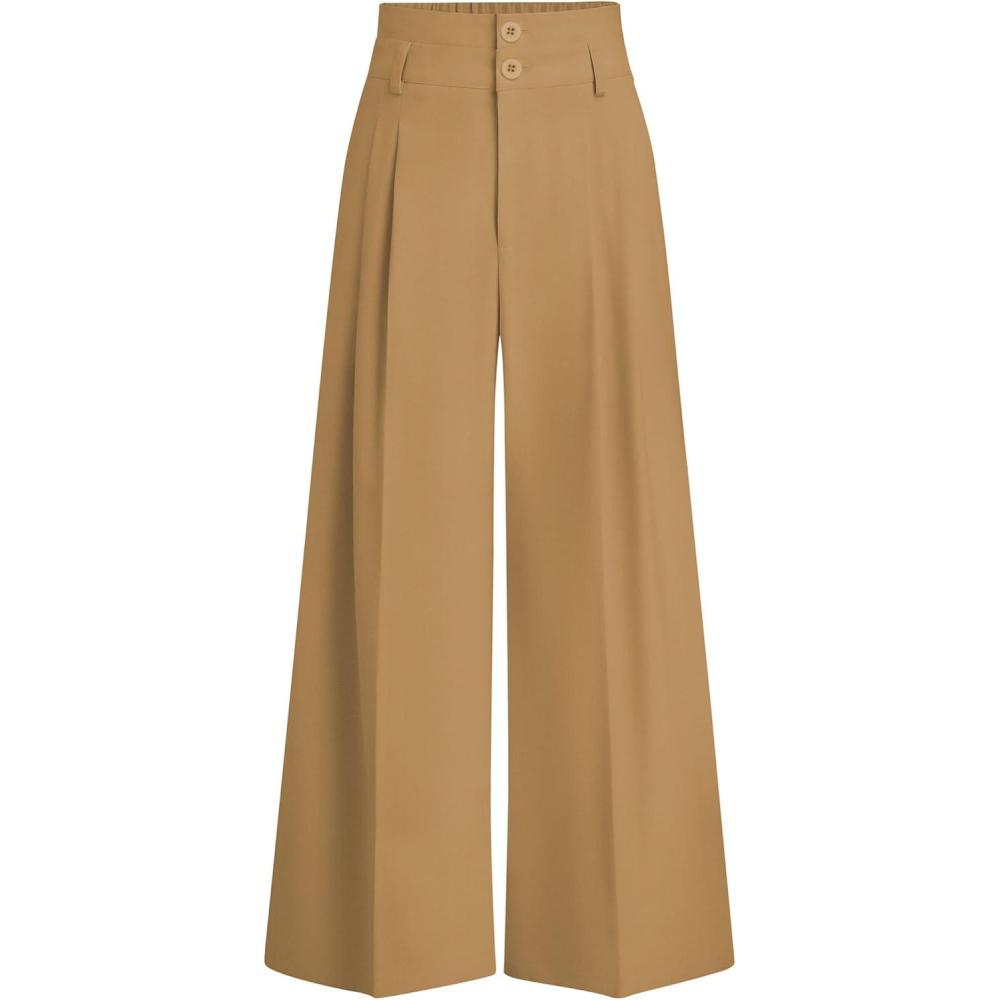 imagePRETTYGARDEN Womens Spring Wide Leg Palazzo Pants 2026 Trendy Loose Button High Waist Pleated Work Business Casual TrousersLight Khaki