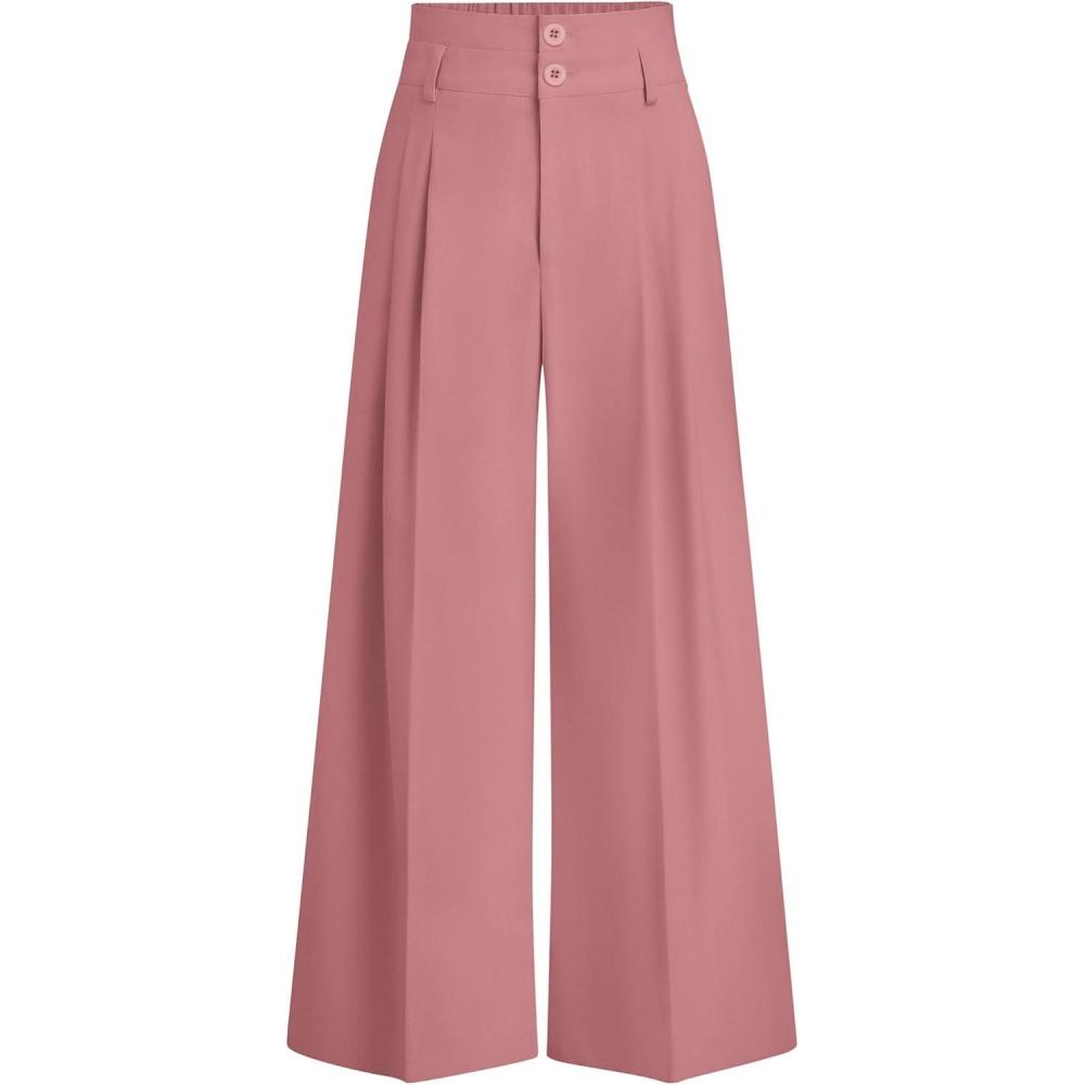 imagePRETTYGARDEN Womens Spring Wide Leg Palazzo Pants 2026 Trendy Loose Button High Waist Pleated Work Business Casual TrousersPink