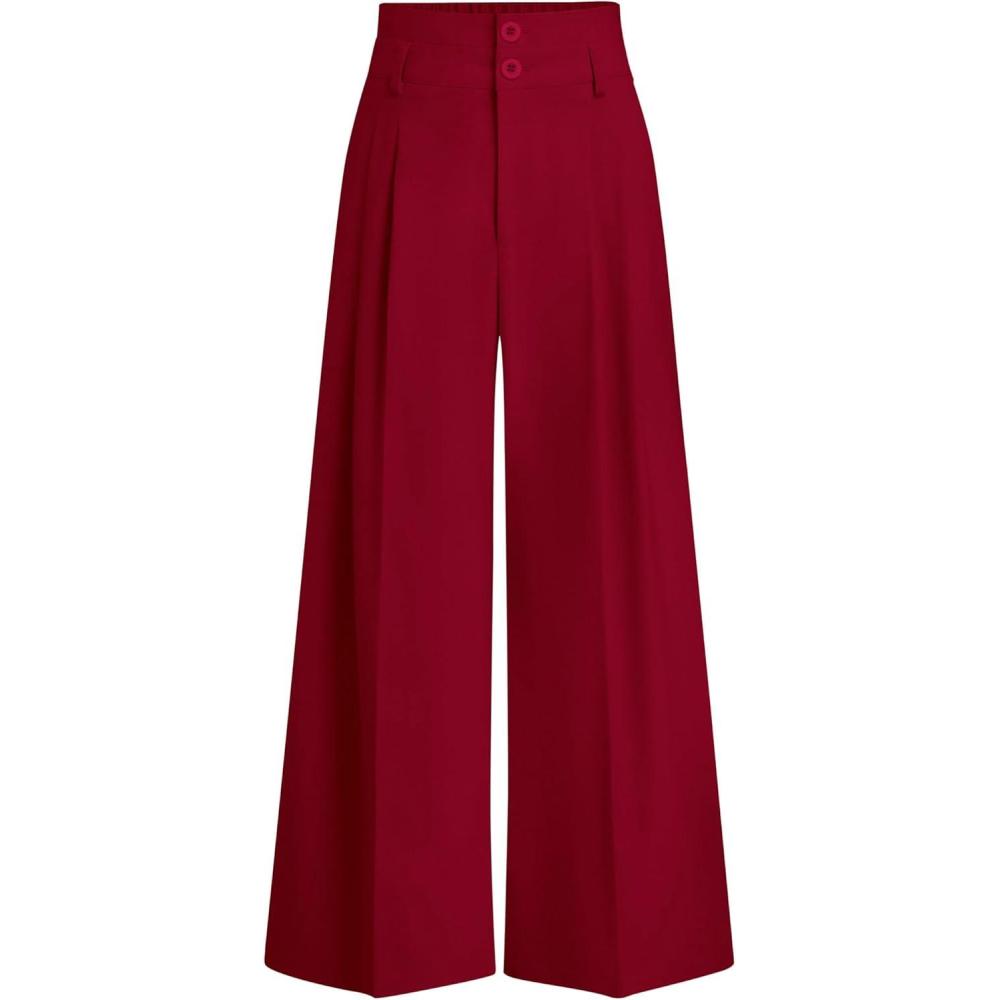 imagePRETTYGARDEN Womens Spring Wide Leg Palazzo Pants 2026 Trendy Loose Button High Waist Pleated Work Business Casual TrousersRed