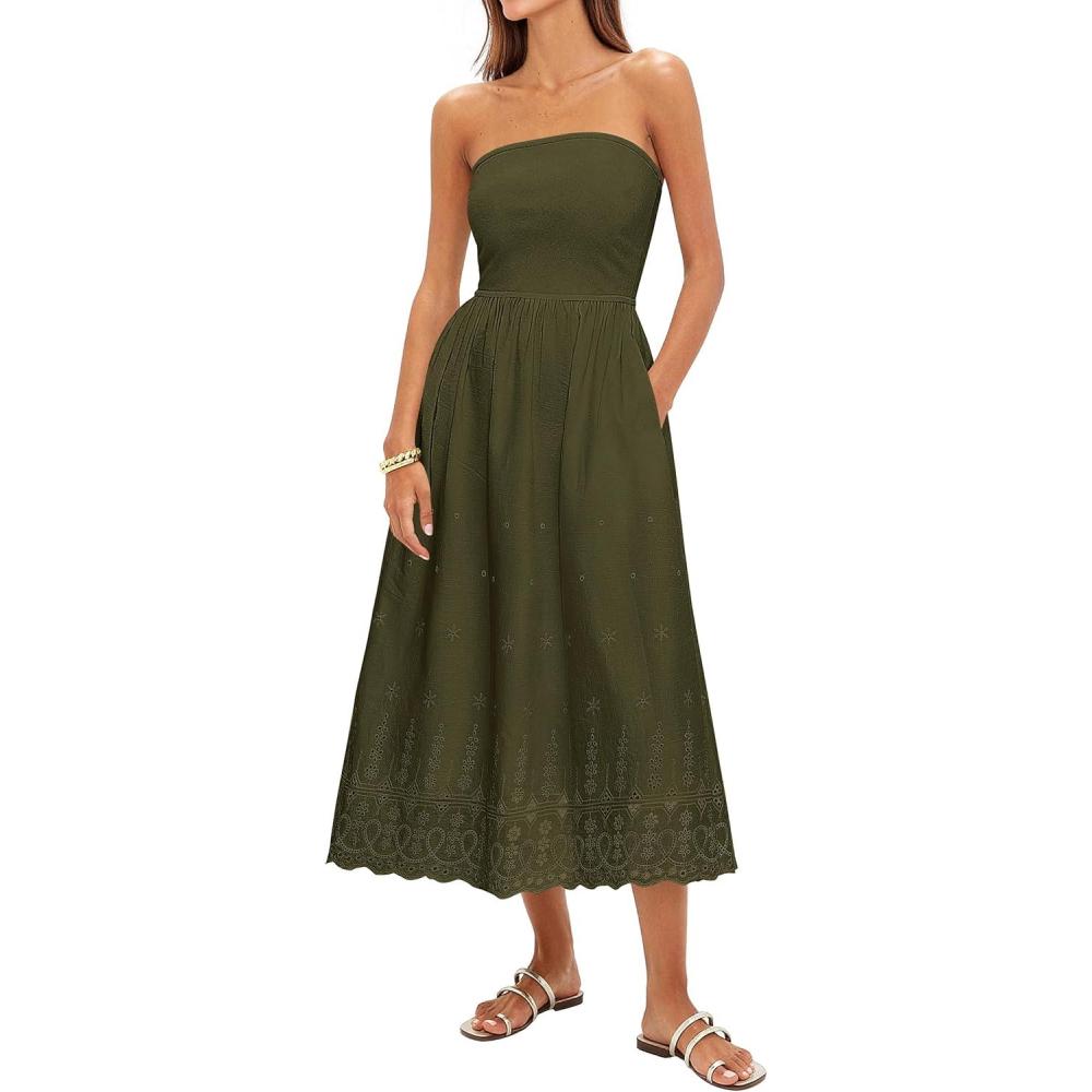 imagePRETTYGARDEN Womens Summer Dresses 2026 Sexy Sleeveless Tube Top Long Dress Eyelet Cotton Maxi Beach Sundress PocketsArmy Green