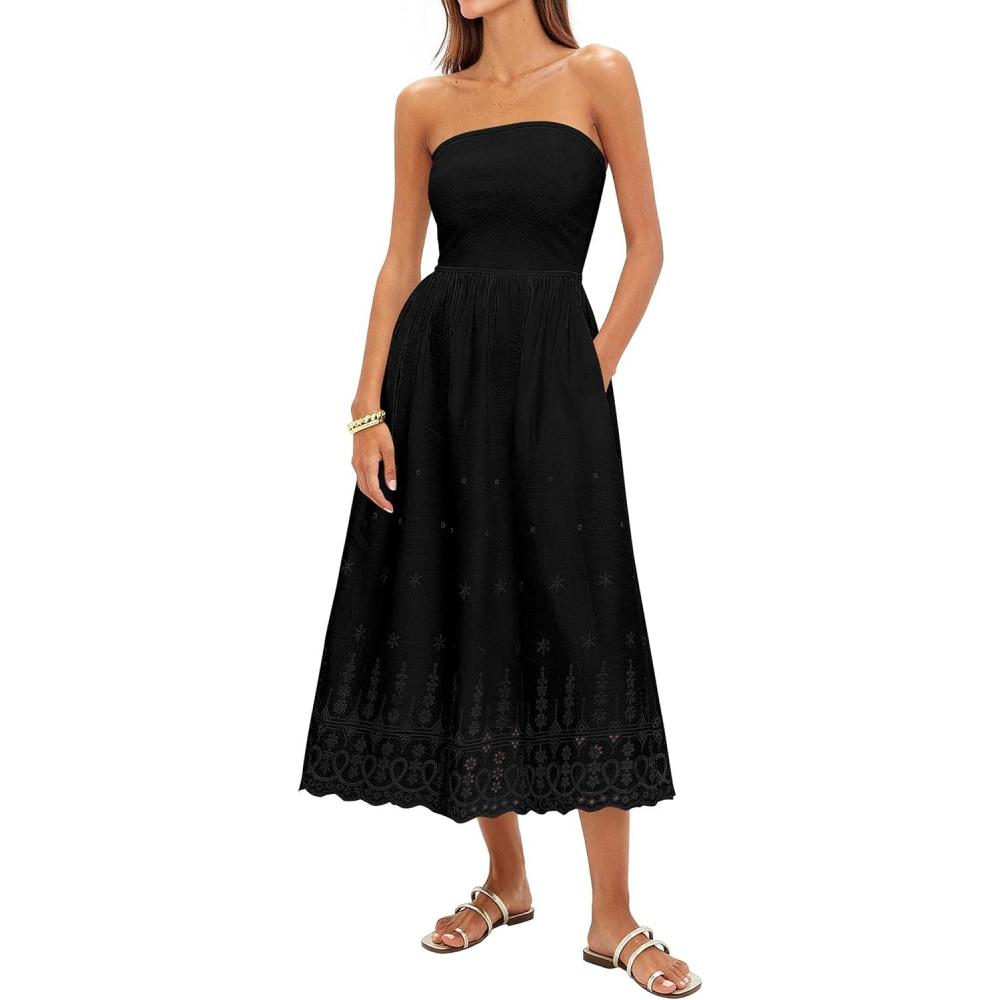 imagePRETTYGARDEN Womens Summer Dresses 2026 Sexy Sleeveless Tube Top Long Dress Eyelet Cotton Maxi Beach Sundress PocketsBlack