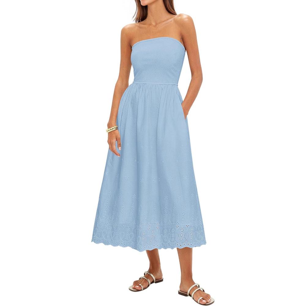imagePRETTYGARDEN Womens Summer Dresses 2026 Sexy Sleeveless Tube Top Long Dress Eyelet Cotton Maxi Beach Sundress PocketsLight Blue