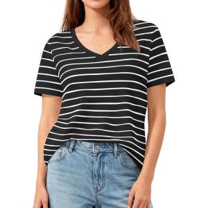 PRETTYGARDEN Short Sleeve Shirts for Women 2026 Spring V Neck Cute Tops Casual Striped Shirt Knitted Tees Summer Outfits(Striped Black White)