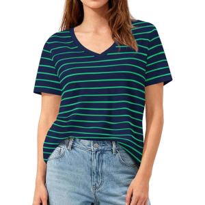 PRETTYGARDEN Short Sleeve Shirts for Women 2026 Spring V Neck Cute Tops Casual Striped Shirt Knitted Tees Summer Outfits(Striped Blue Green)