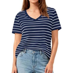 PRETTYGARDEN Short Sleeve Shirts for Women 2026 Spring V Neck Cute Tops Casual Striped Shirt Knitted Tees Summer Outfits(Striped Grey Blue White)