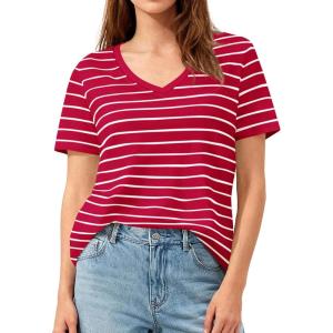 PRETTYGARDEN Short Sleeve Shirts for Women 2026 Spring V Neck Cute Tops Casual Striped Shirt Knitted Tees Summer Outfits(Striped Red White)
