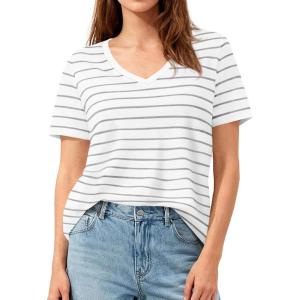 PRETTYGARDEN Short Sleeve Shirts for Women 2026 Spring V Neck Cute Tops Casual Striped Shirt Knitted Tees Summer Outfits(Striped White Grey)