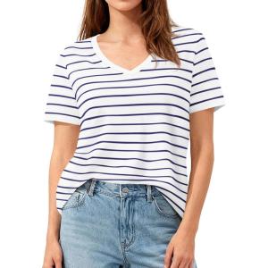 PRETTYGARDEN Short Sleeve Shirts for Women 2026 Spring V Neck Cute Tops Casual Striped Shirt Knitted Tees Summer Outfits(Striped White Navy)