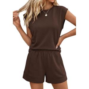 PRETTYGARDEN Two Piece Short Sets for Women Summer 2026 Matching Loungewear Travel Outfits Spring Beach Vacation Clothes(Brown)