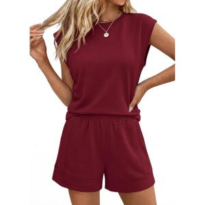 PRETTYGARDEN Two Piece Short Sets for Women Summer 2026 Matching Loungewear Travel Outfits Spring Beach Vacation Clothes(Burgundy)