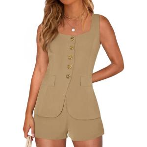 PRETTYGARDEN Womens 2 Piece Matching Sets 2026 Fashion Suit Vest Tops Shorts Set Spring Business Casual Vacation Outfits(Khaki)
