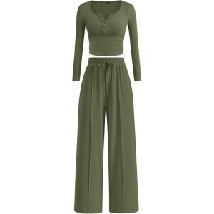 PRETTYGARDEN Women’s 2026 Fall Trendy 2 Piece Outfits Lounge Sets Long Sleeve Top Henley Shirts Wide Leg Pants Travel Clothes(Army Green)