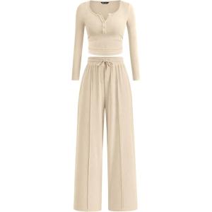 PRETTYGARDEN Women’s 2026 Fall Trendy 2 Piece Outfits Lounge Sets Long Sleeve Top Henley Shirts Wide Leg Pants Travel Clothes(Beige)