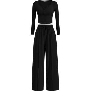 PRETTYGARDEN Women’s 2026 Fall Trendy 2 Piece Outfits Lounge Sets Long Sleeve Top Henley Shirts Wide Leg Pants Travel Clothes(Black)