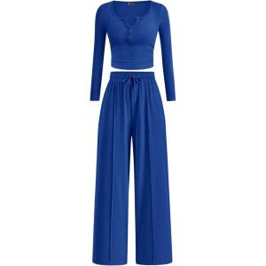 PRETTYGARDEN Women’s 2026 Fall Trendy 2 Piece Outfits Lounge Sets Long Sleeve Top Henley Shirts Wide Leg Pants Travel Clothes(Blue)