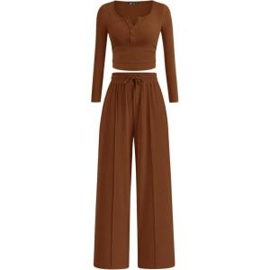PRETTYGARDEN Women’s 2026 Fall Trendy 2 Piece Outfits Lounge Sets Long Sleeve Top Henley Shirts Wide Leg Pants Travel Clothes(Brown)