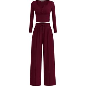 PRETTYGARDEN Women’s 2026 Fall Trendy 2 Piece Outfits Lounge Sets Long Sleeve Top Henley Shirts Wide Leg Pants Travel Clothes(Burgundy)