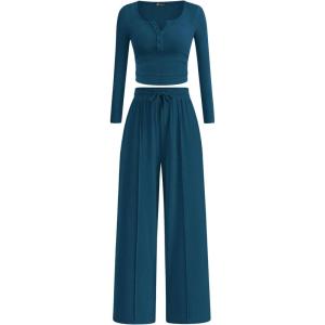 PRETTYGARDEN Women’s 2026 Fall Trendy 2 Piece Outfits Lounge Sets Long Sleeve Top Henley Shirts Wide Leg Pants Travel Clothes(Dark Blue)