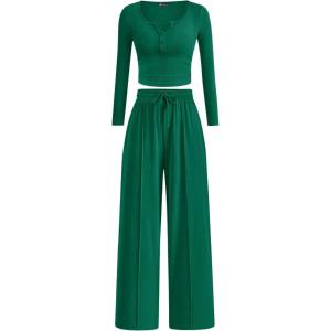 PRETTYGARDEN Women’s 2026 Fall Trendy 2 Piece Outfits Lounge Sets Long Sleeve Top Henley Shirts Wide Leg Pants Travel Clothes(Green)