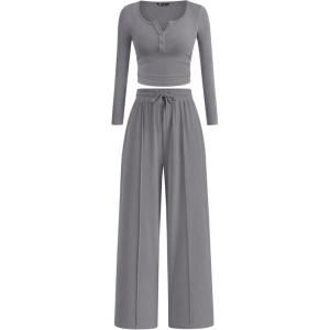 PRETTYGARDEN Women’s 2026 Fall Trendy 2 Piece Outfits Lounge Sets Long Sleeve Top Henley Shirts Wide Leg Pants Travel Clothes(Grey)