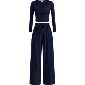 PRETTYGARDEN Women’s 2026 Fall Trendy 2 Piece Outfits Lounge Sets Long Sleeve Top Henley Shirts Wide Leg Pants Travel Clothes(Navy Blue)