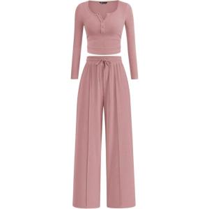 PRETTYGARDEN Women’s 2026 Fall Trendy 2 Piece Outfits Lounge Sets Long Sleeve Top Henley Shirts Wide Leg Pants Travel Clothes(Pink)