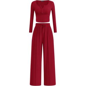 PRETTYGARDEN Women’s 2026 Fall Trendy 2 Piece Outfits Lounge Sets Long Sleeve Top Henley Shirts Wide Leg Pants Travel Clothes(Red)