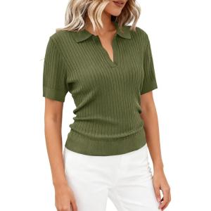 PRETTYGARDEN Women’s Short Sleeve Sweater 2026 Spring Polo Shirts Ribbed Knit V Neck Business Casual Tops Summer Work Clothes(Army Green)