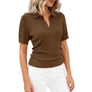 PRETTYGARDEN Women’s Short Sleeve Sweater 2026 Spring Polo Shirts Ribbed Knit V Neck Business Casual Tops Summer Work Clothes(Brown)