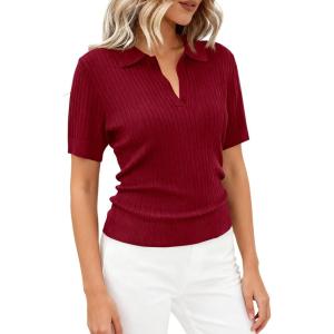 PRETTYGARDEN Women’s Short Sleeve Sweater 2026 Spring Polo Shirts Ribbed Knit V Neck Business Casual Tops Summer Work Clothes(Burgundy)