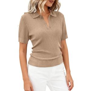 PRETTYGARDEN Women’s Short Sleeve Sweater 2026 Spring Polo Shirts Ribbed Knit V Neck Business Casual Tops Summer Work Clothes(Khaki)
