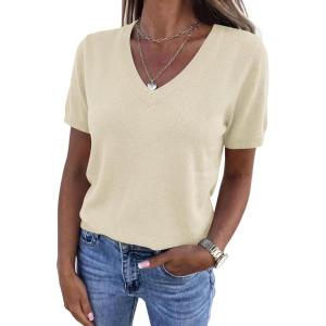PRETTYGARDEN Womens Short Sleeve Sweater V Neck Trendy Pullover Tops 2026 Summer Spring Loose Lightweight Casual Blouse(Beige)