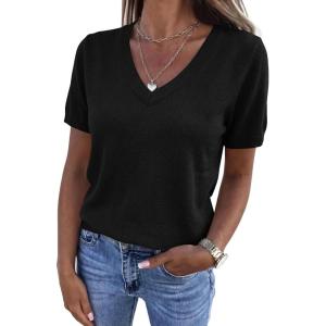 PRETTYGARDEN Womens Short Sleeve Sweater V Neck Trendy Pullover Tops 2026 Summer Spring Loose Lightweight Casual Blouse(Black)