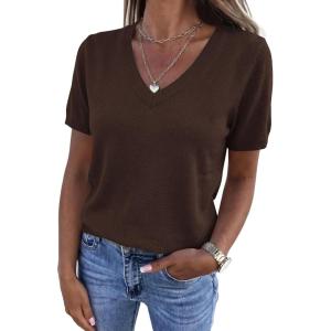 PRETTYGARDEN Womens Short Sleeve Sweater V Neck Trendy Pullover Tops 2026 Summer Spring Loose Lightweight Casual Blouse(Brown)