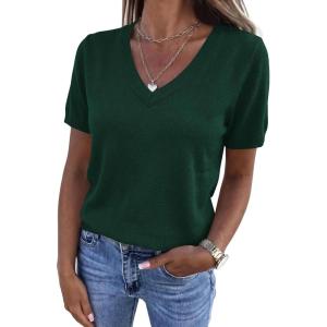 PRETTYGARDEN Womens Short Sleeve Sweater V Neck Trendy Pullover Tops 2026 Summer Spring Loose Lightweight Casual Blouse(Dark Green)