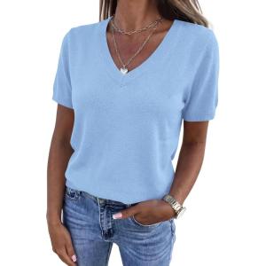 PRETTYGARDEN Womens Short Sleeve Sweater V Neck Trendy Pullover Tops 2026 Summer Spring Loose Lightweight Casual Blouse(Light Blue)