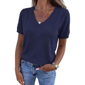 PRETTYGARDEN Womens Short Sleeve Sweater V Neck Trendy Pullover Tops 2026 Summer Spring Loose Lightweight Casual Blouse(Navy Blue)