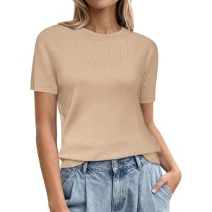 PRETTYGARDEN Women’s Short Sleeve Sweaters 2026 Spring Crew Neck Knit Work Shirts Business Casual Tops Summer Fashion Clothes(Beige)