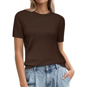 PRETTYGARDEN Women’s Short Sleeve Sweaters 2026 Spring Crew Neck Knit Work Shirts Business Casual Tops Summer Fashion Clothes(Brown)