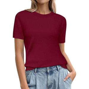 PRETTYGARDEN Women’s Short Sleeve Sweaters 2026 Spring Crew Neck Knit Work Shirts Business Casual Tops Summer Fashion Clothes(Burgundy)