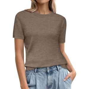PRETTYGARDEN Women’s Short Sleeve Sweaters 2026 Spring Crew Neck Knit Work Shirts Business Casual Tops Summer Fashion Clothes(Khaki)